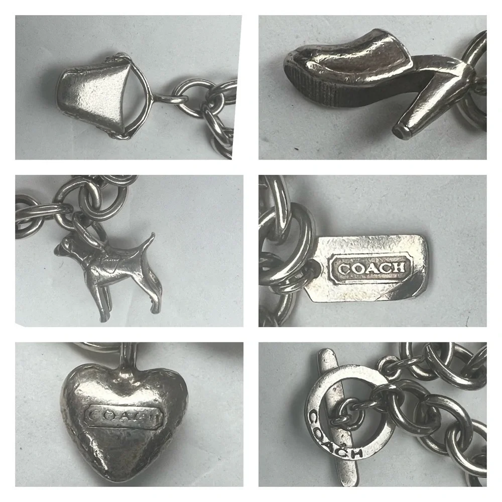 Coach Vintage Sterling Silver Charm Link Toggle Bracelet Dog Pail Heart Shoe - Picture 3 of 6